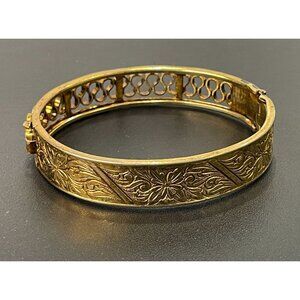 Vintage Gold-Toned Hinged Bangle Bracelet W/ Ornate Floral & Filigree Design